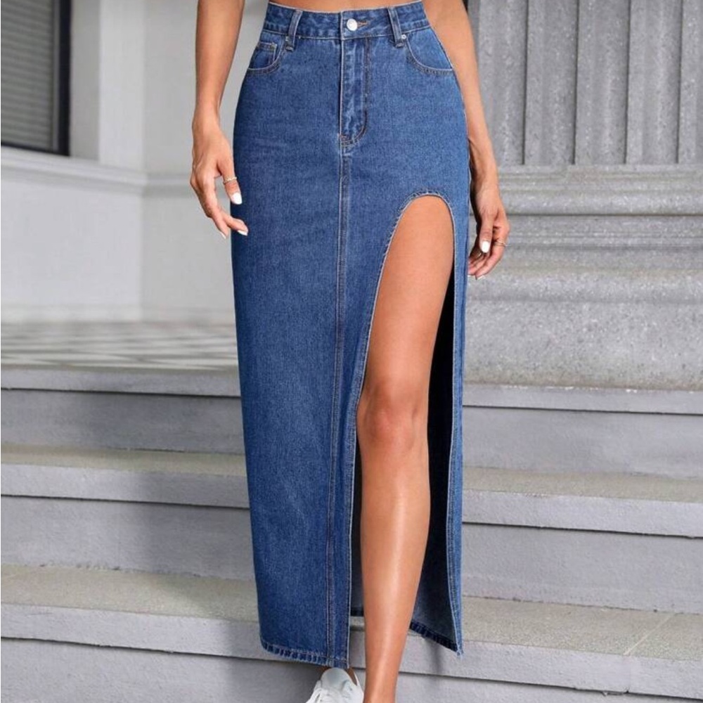 Denim Maxi Skirt with High Slit